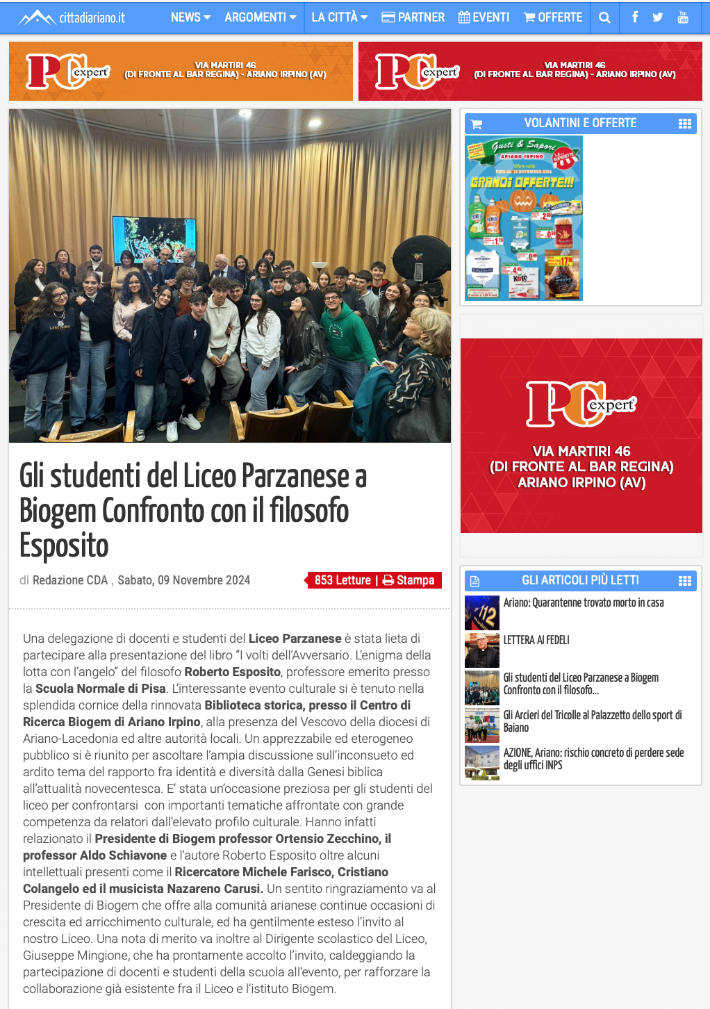 Gli studenti del Liceo Parzanese a Biogem Confronto con il filosofo Esposito